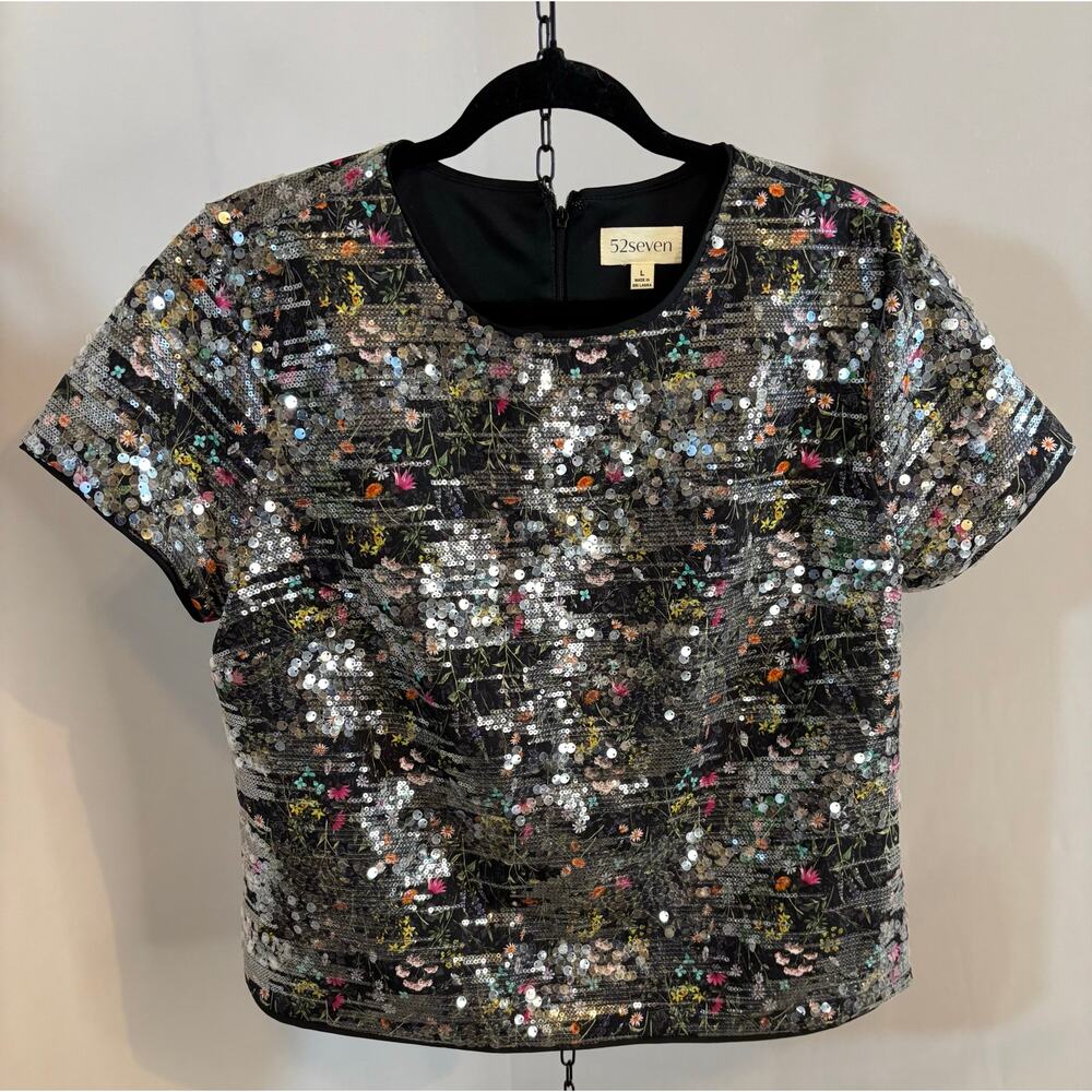 🔥SALE🔥 52seven Sequin Floral Top L Fairycore Whimsigoth Goth Garden Party Black
